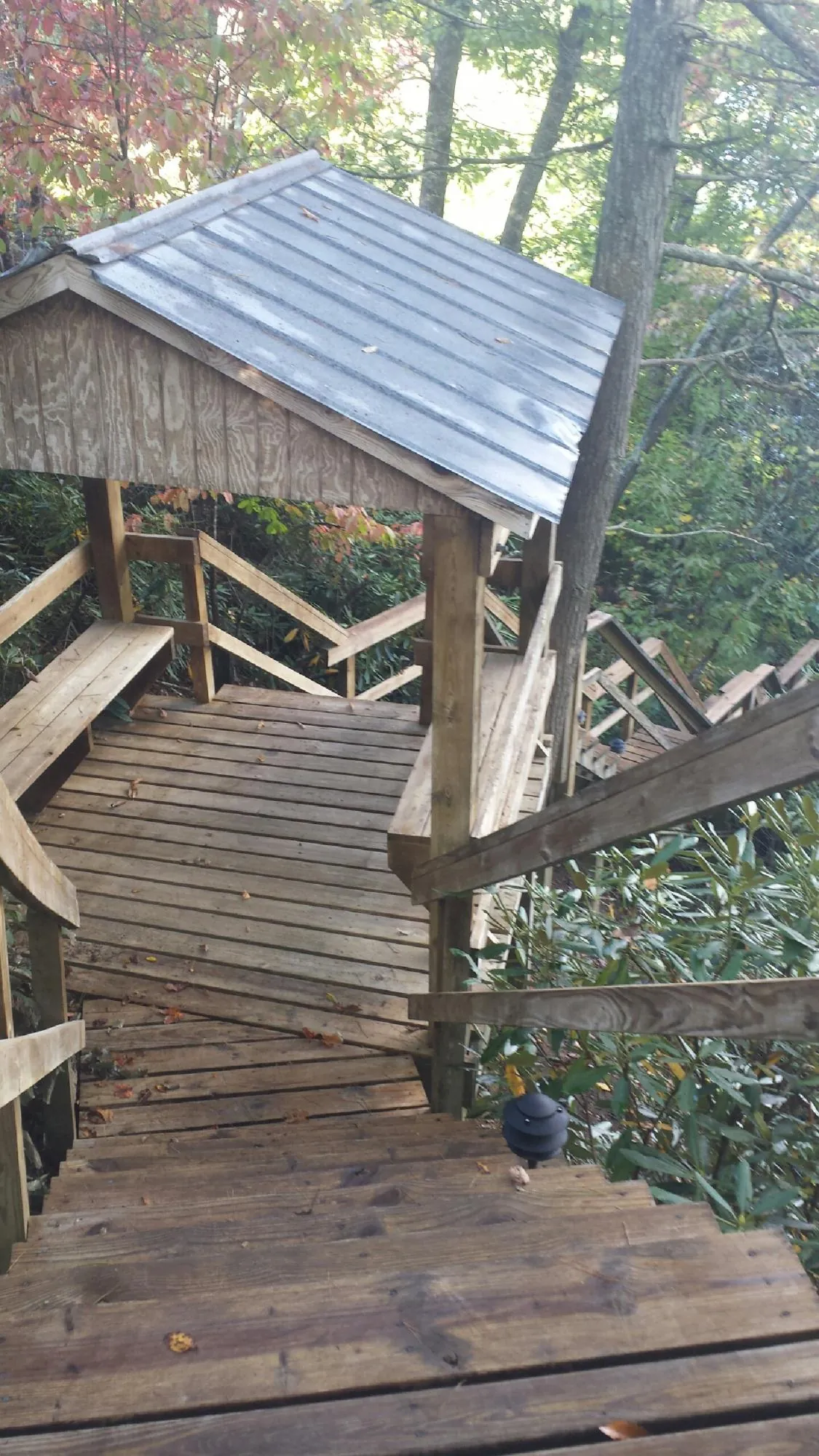 Metal roofed shelter over wooden steps on a wooded walkway — Skylight Repair & Installation work by our crew in Locust Fork